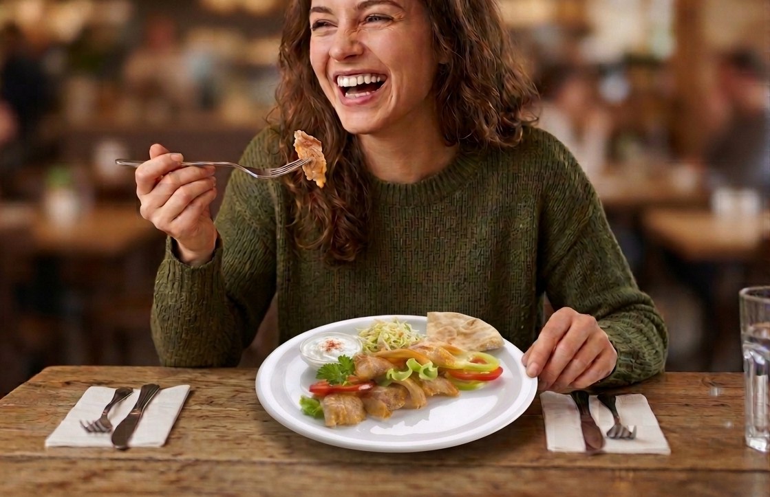 Lachende Frau im Restaurant genießt einen Teller Hähnchen Kebab mit Salat, Paprika und Fladenbrot